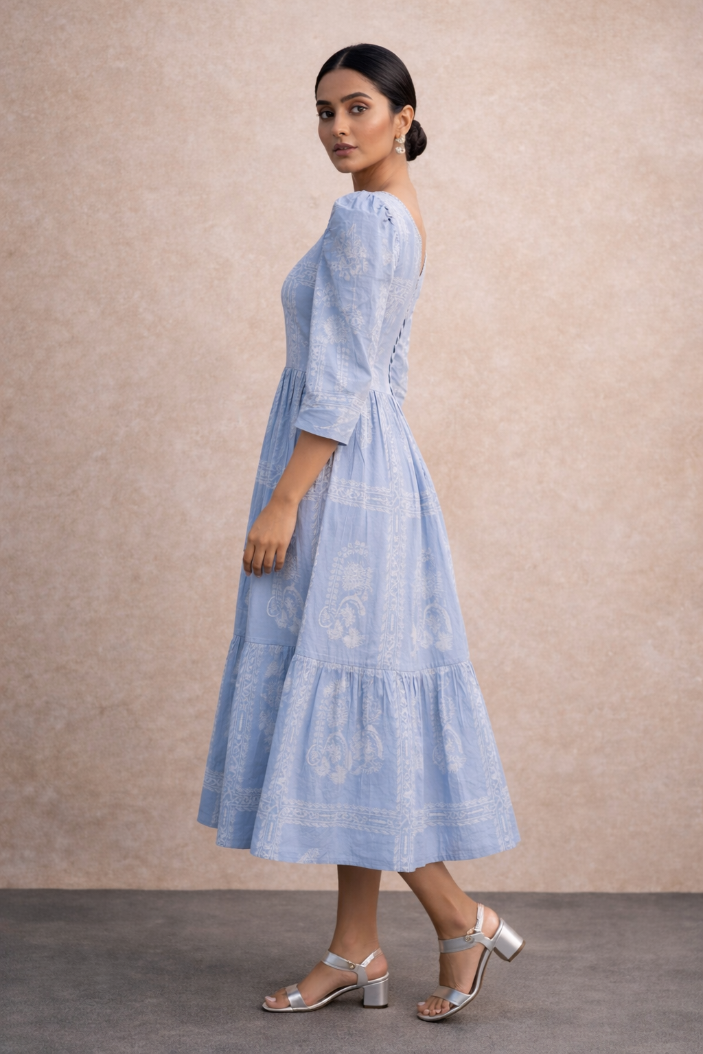 Elegant Powder Blue Printed Midi Dress