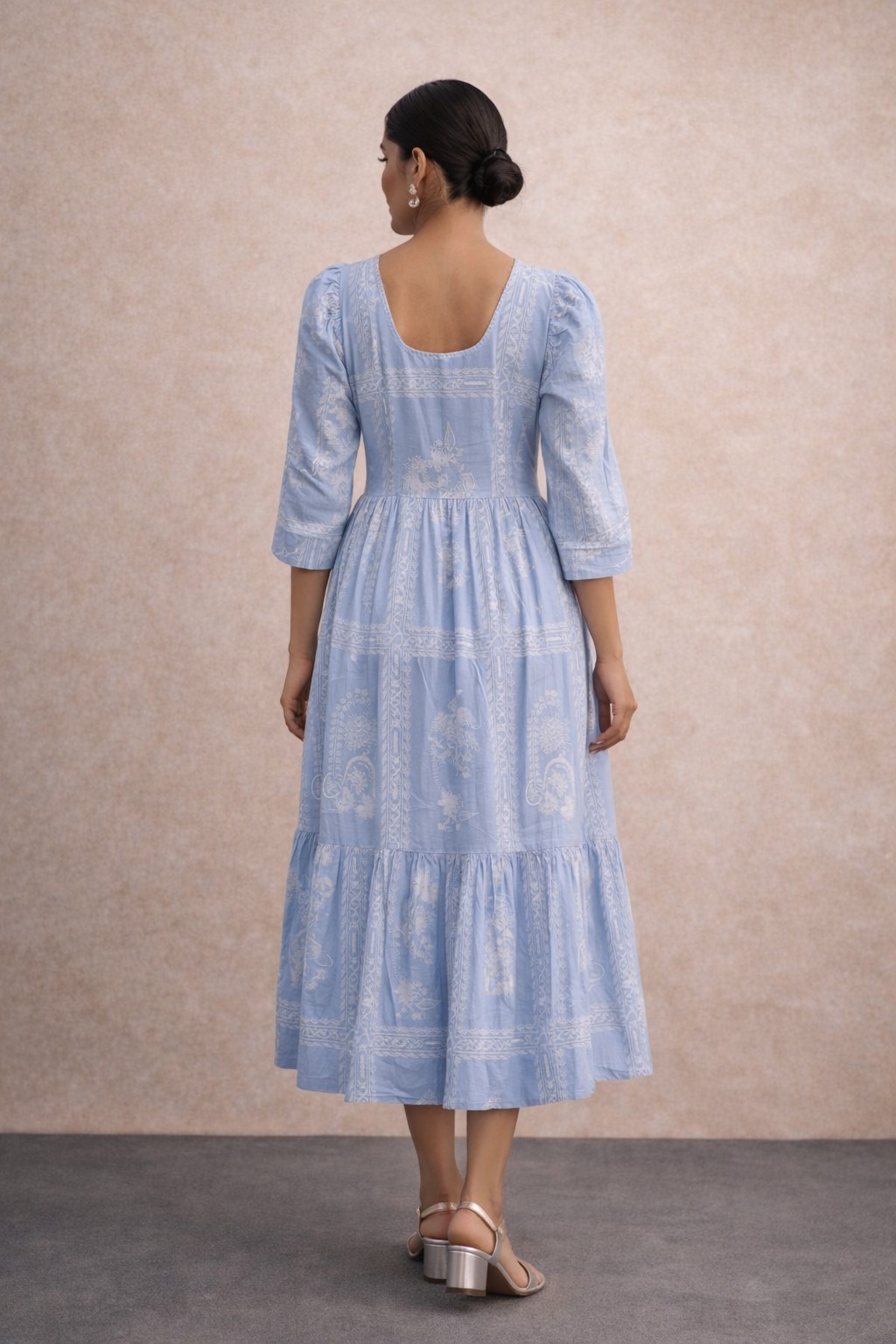 Elegant Powder Blue Printed Midi Dress