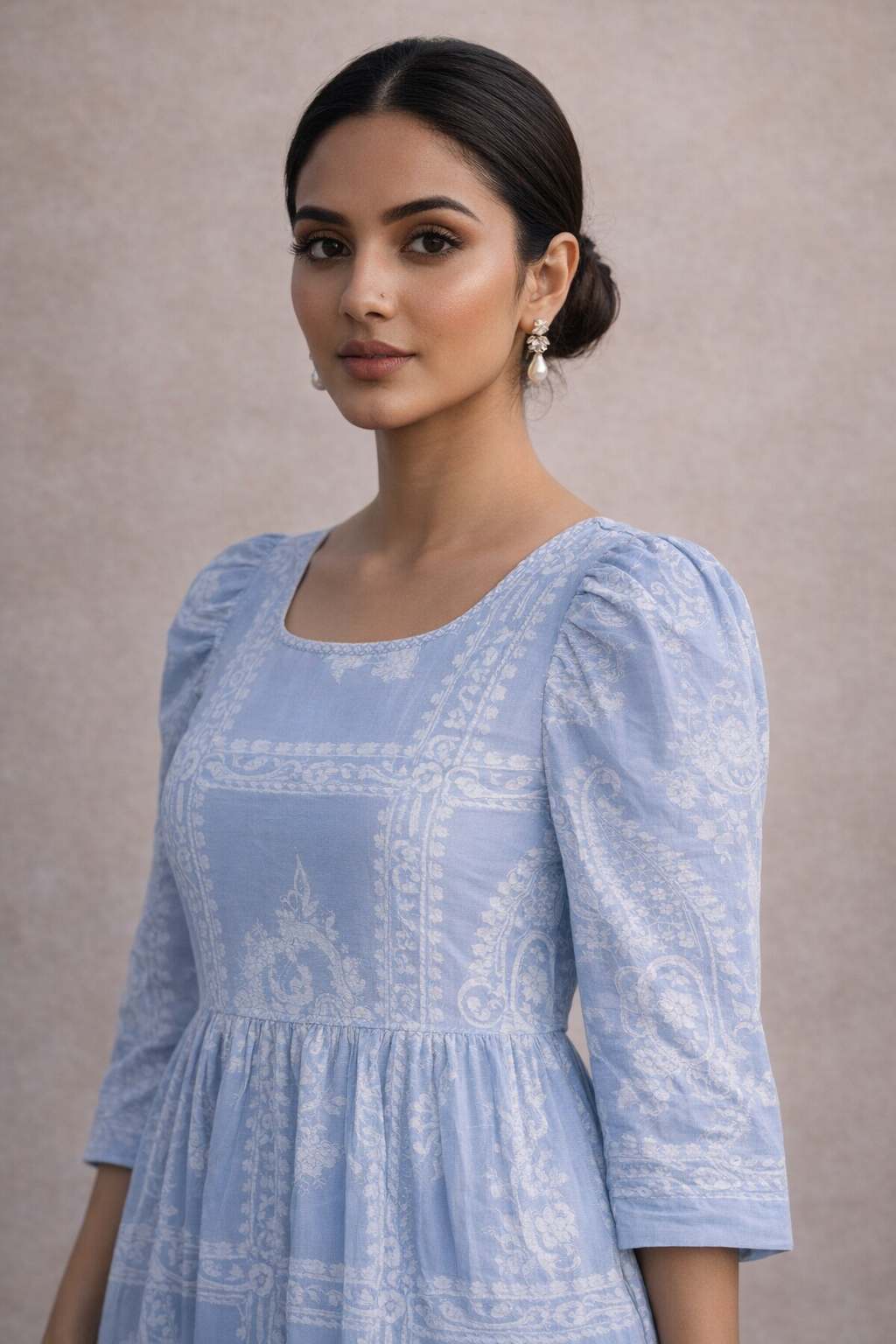 Elegant Powder Blue Printed Midi Dress