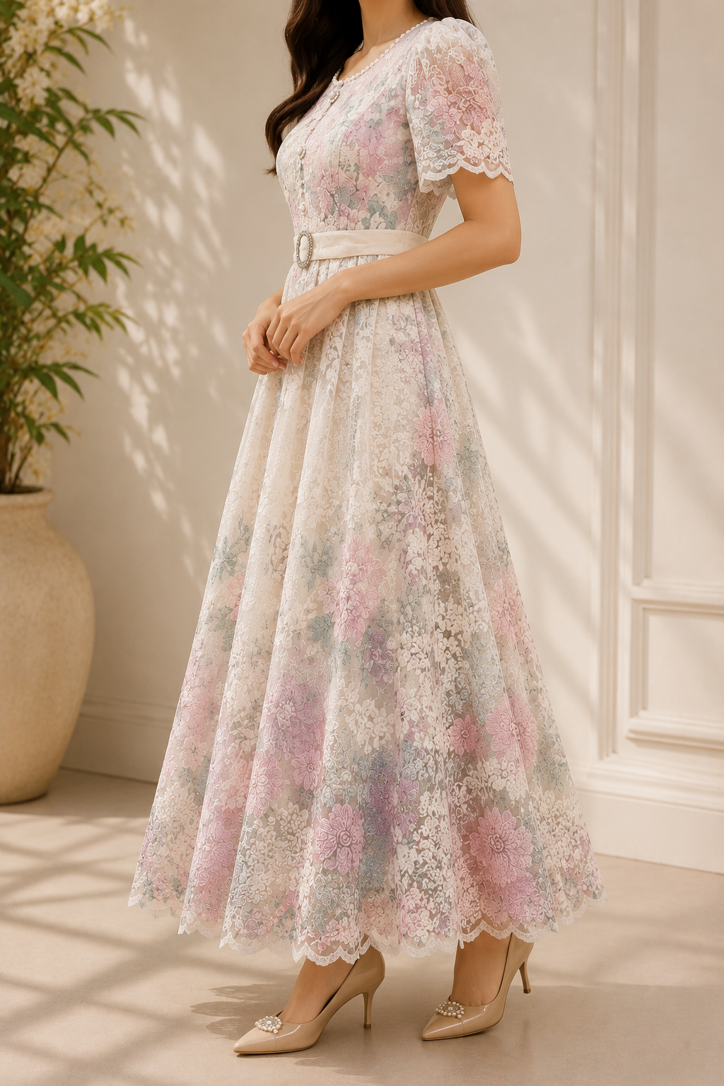AA 0111F Blush Bloom Lace Midi Dress