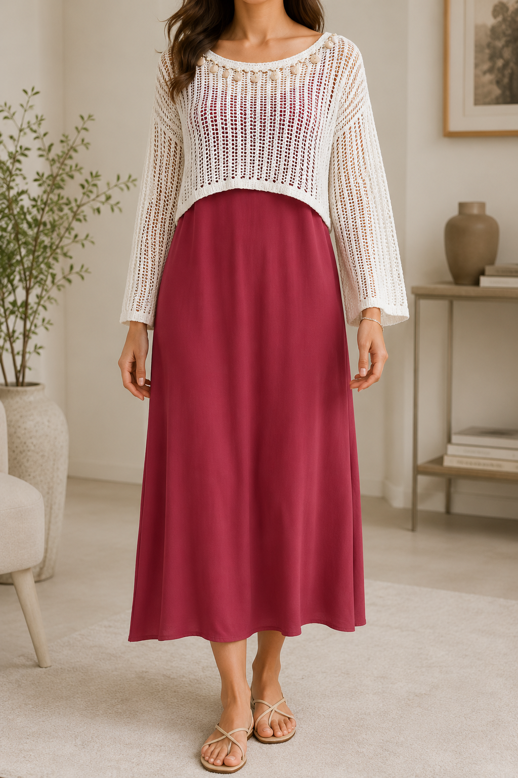 AA 0112F Breeze Crochet Overlay Maxi Dress