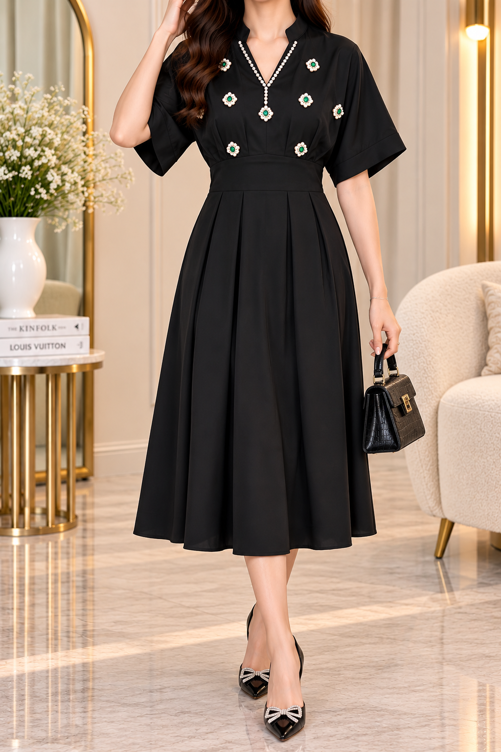 AA 0111 Embellished Pleated Midi Shirt Dress