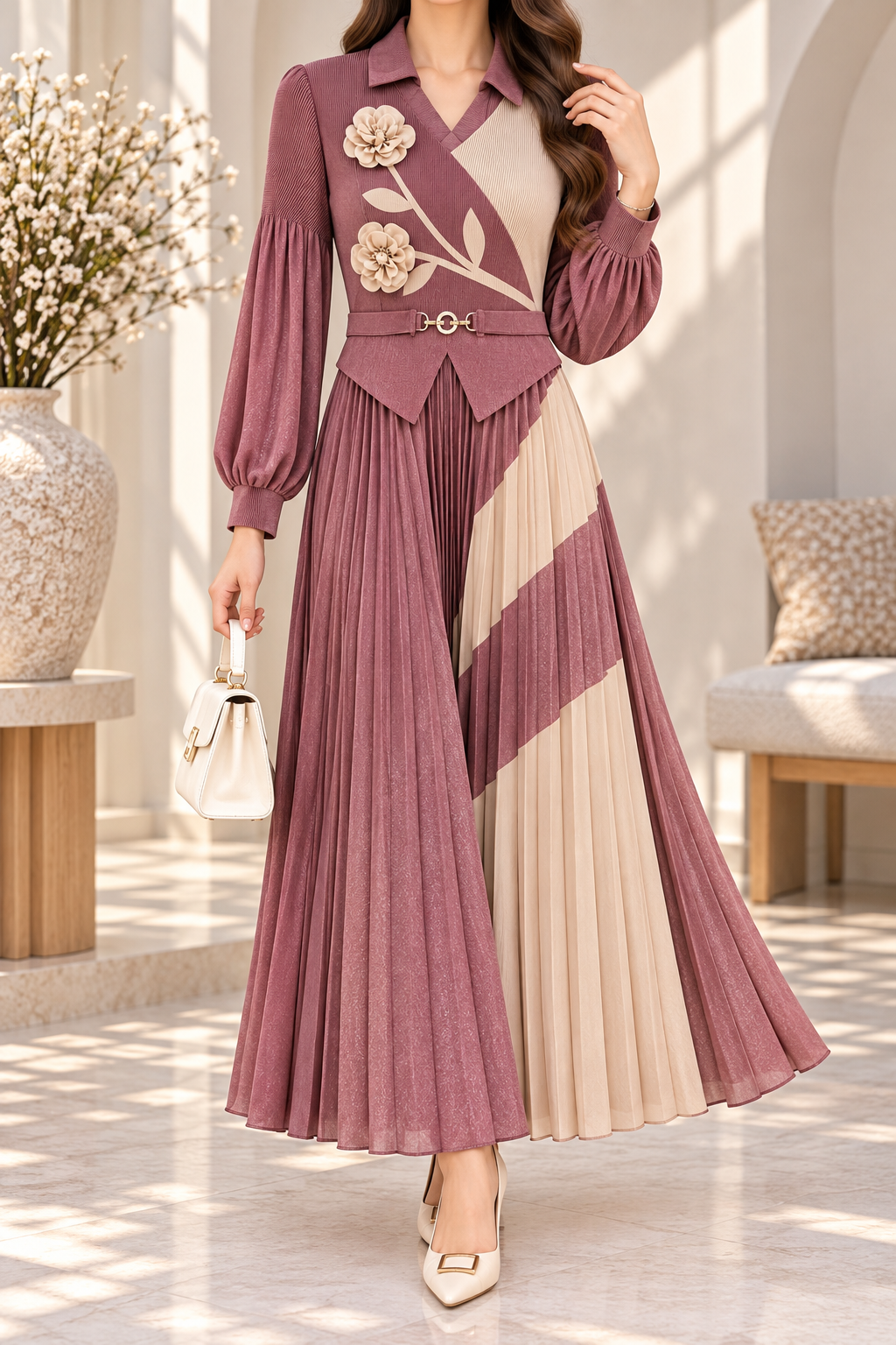 AA 0111 Mauve Floral Pleated Maxi Dress