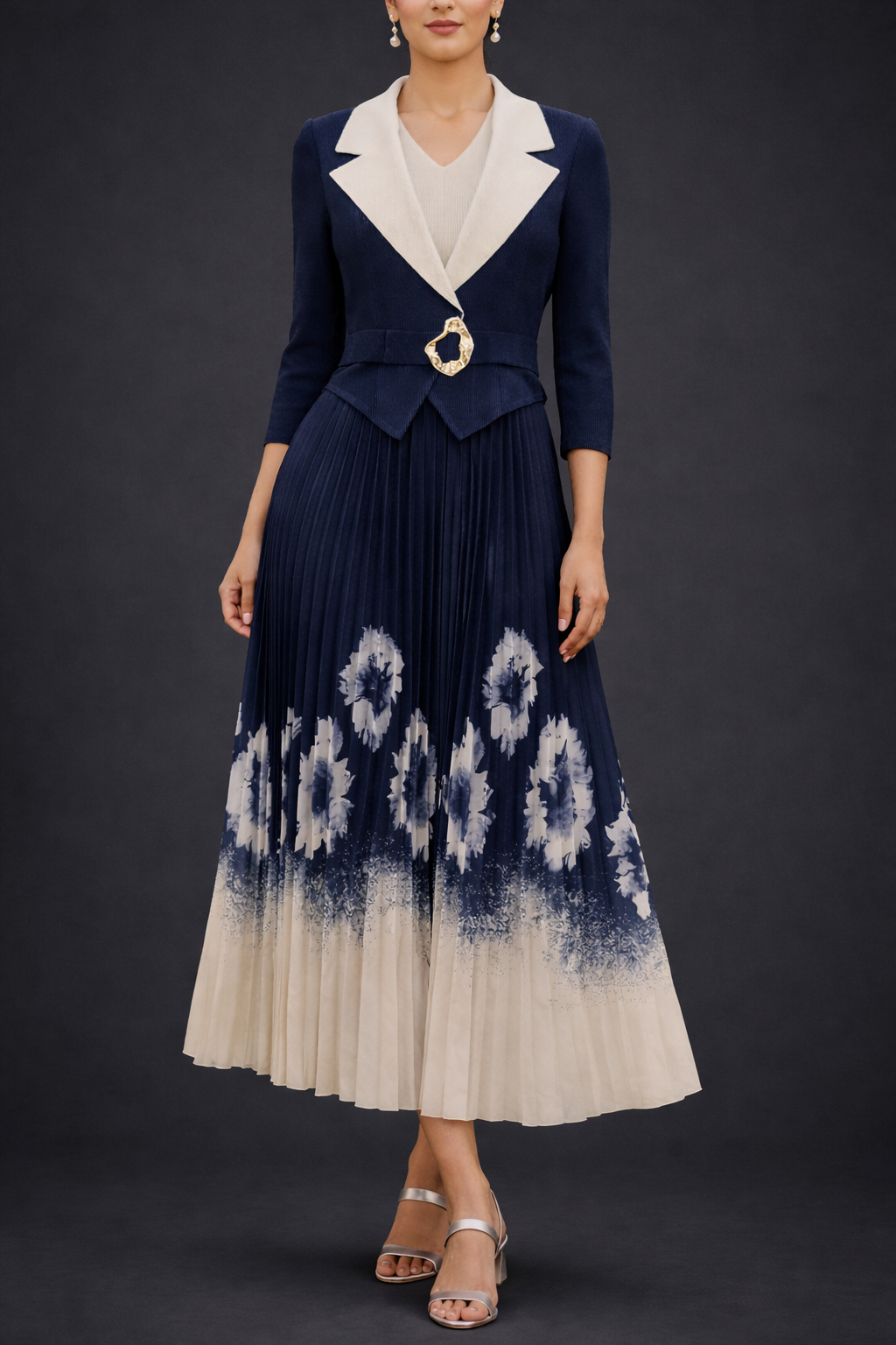 Navy Blue Magic Midi Dress with Statement Jacket Bodice