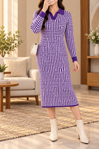 AA 011 Geometric Pattern Collared Knit Midi Dress