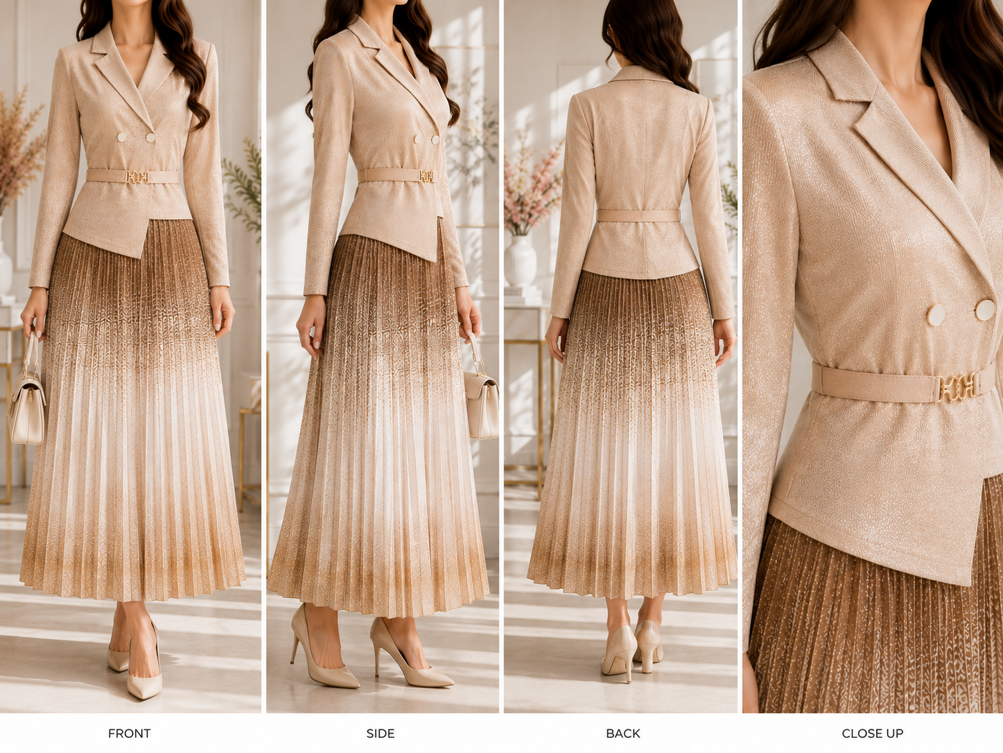 AA 0111 Champagne Shimmer Pleated Dress