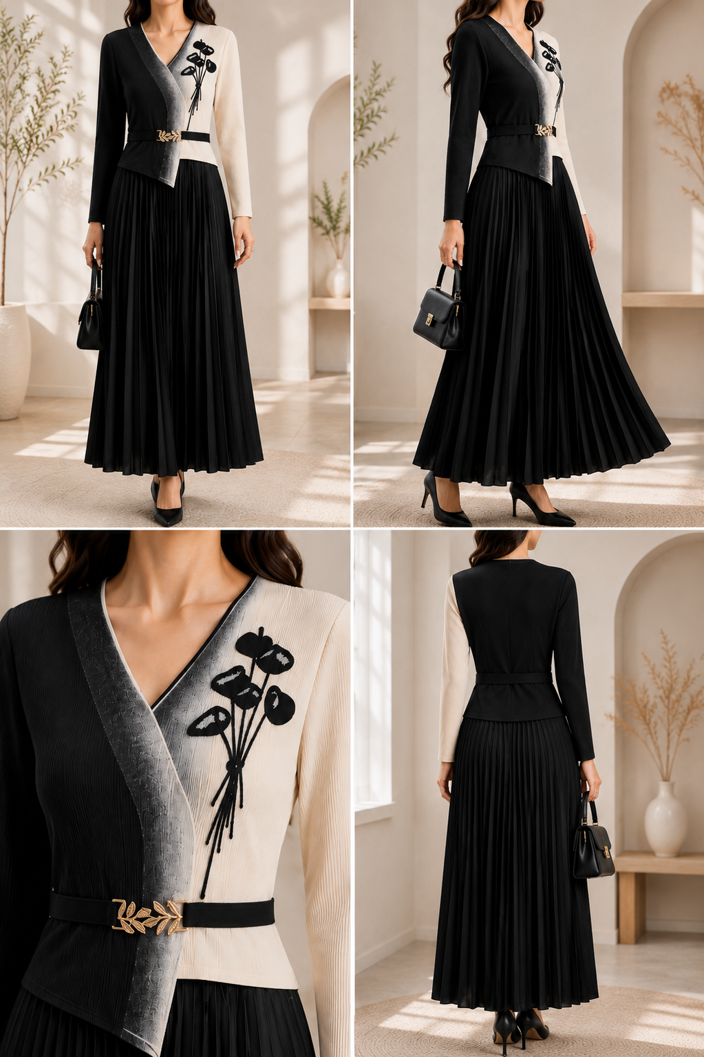 AA 0111 Black & Ivory Pleated Maxi Dress