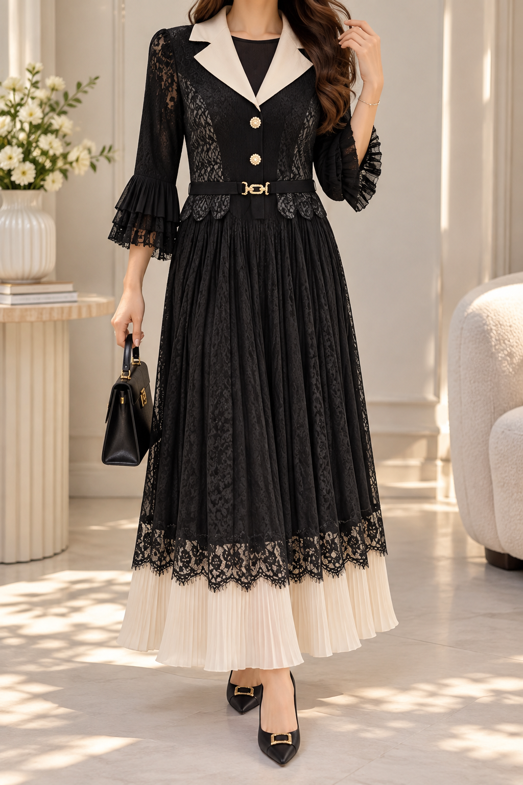 AA 0111 Black Lace Collared Maxi Dress