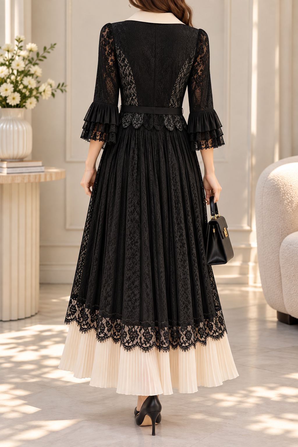 AA 0111 Black Lace Collared Maxi Dress