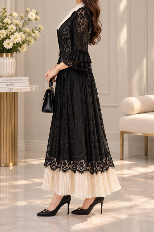AA 0111 Black Lace Collared Maxi Dress