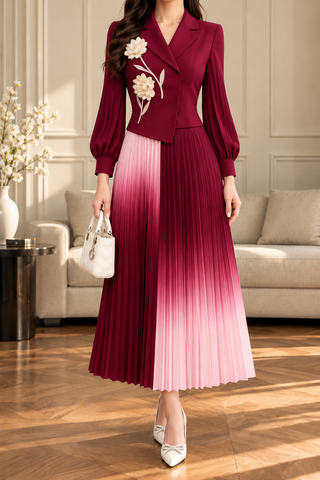 Ombre Floral Blazer Pleated Dress