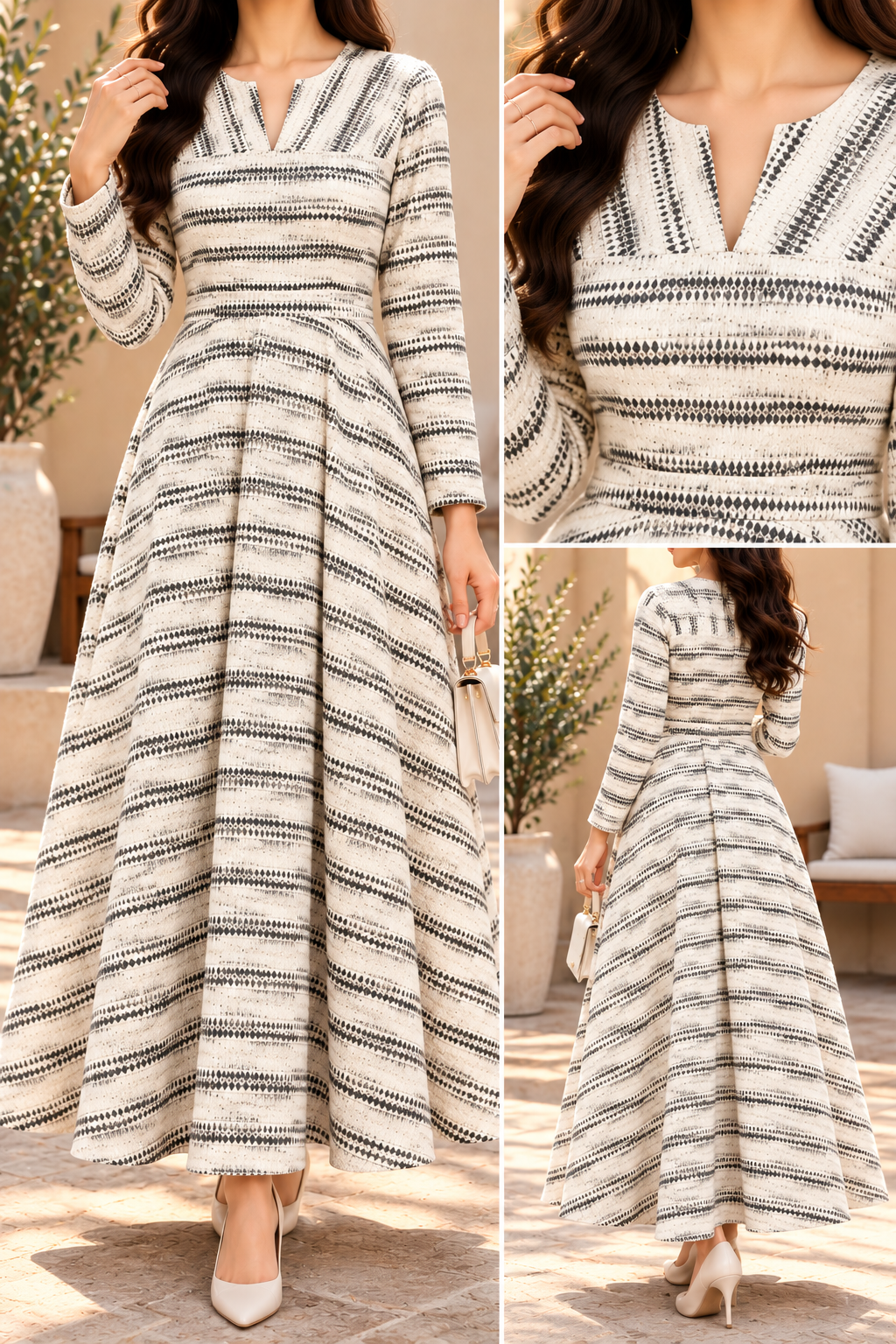 AA 0111 Striped Textured Flared Maxi Dress