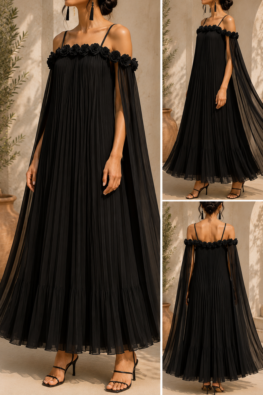 AA 0112C Pleated Cape Maxi Dress