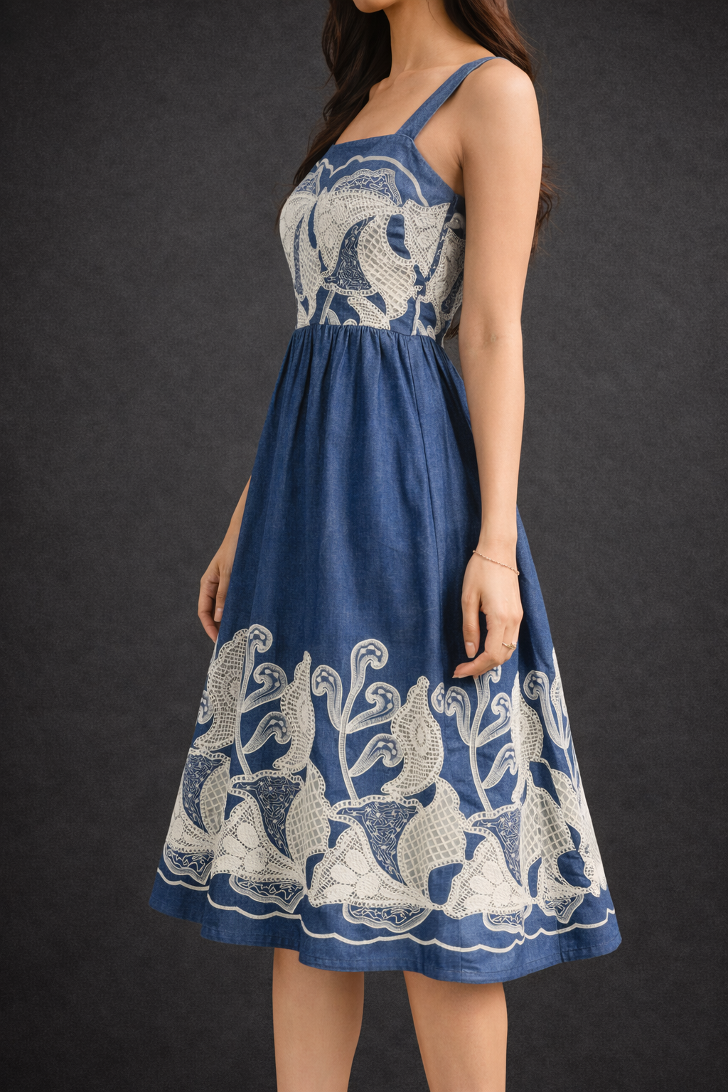 AP1948-Navy Blue Printed Fit & Flare Dress