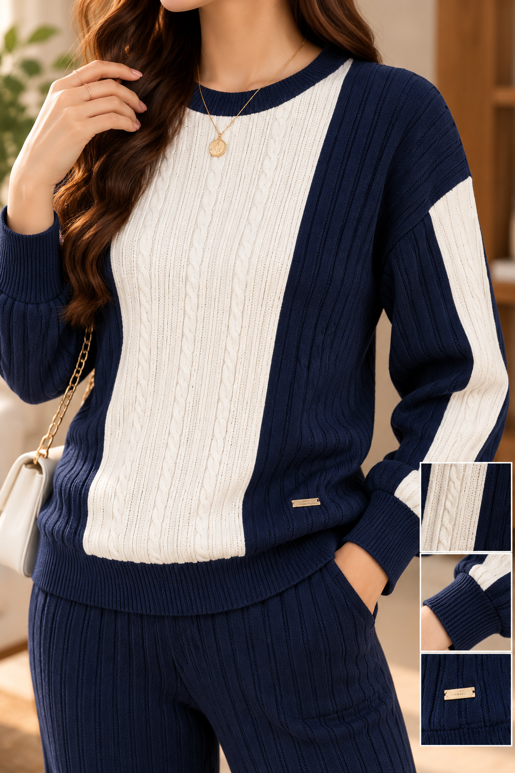 AA 011 Contrast Panel Cable-Knit Coord set