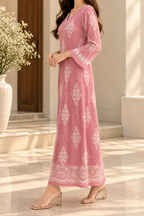 AA 0111 Pink Pleated Printed Flared Dress