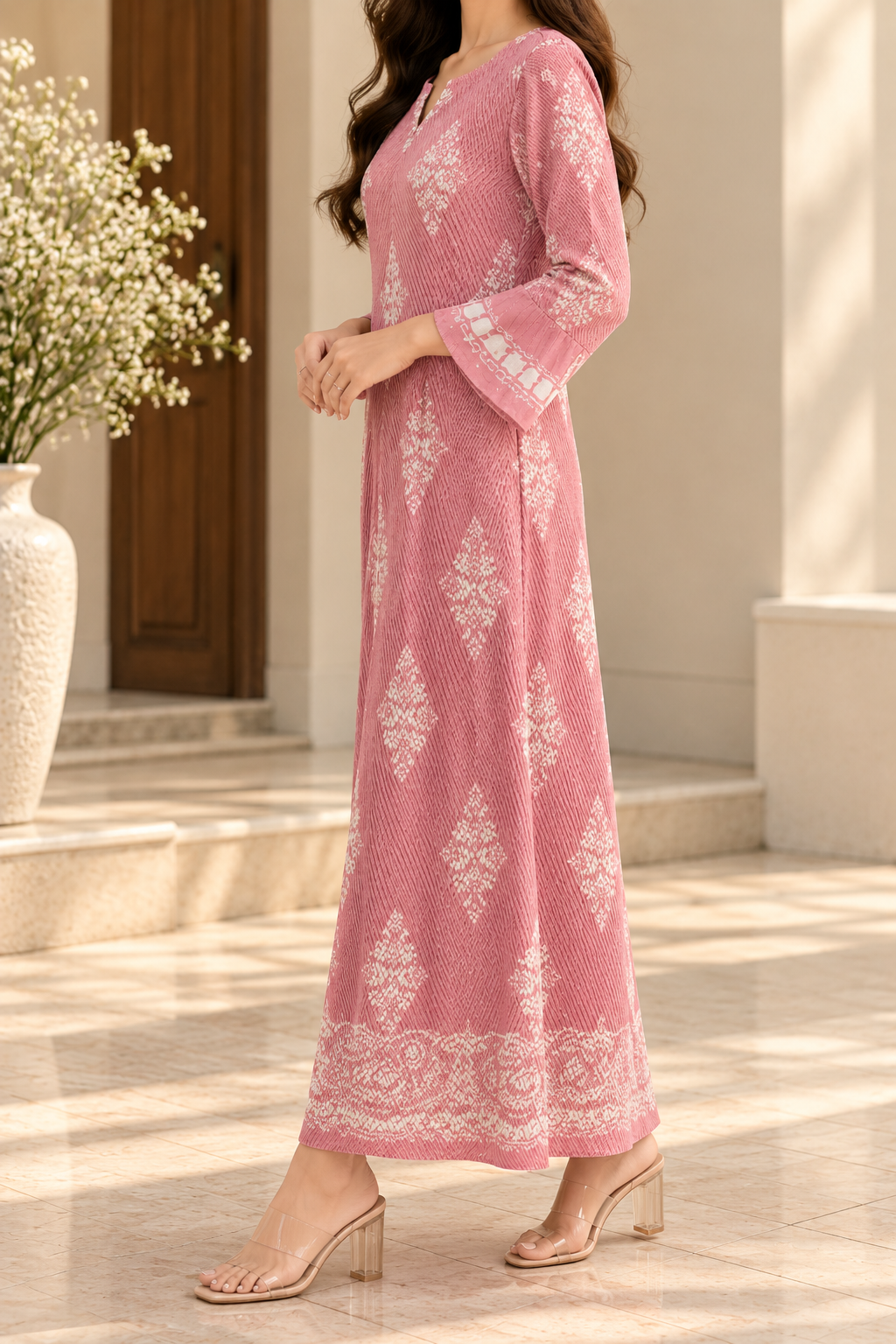 AA 0111 Pink Pleated Printed Flared Dress