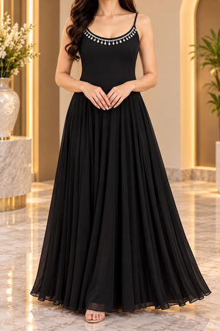 Midnight Elegance Embellished Pleated Gown