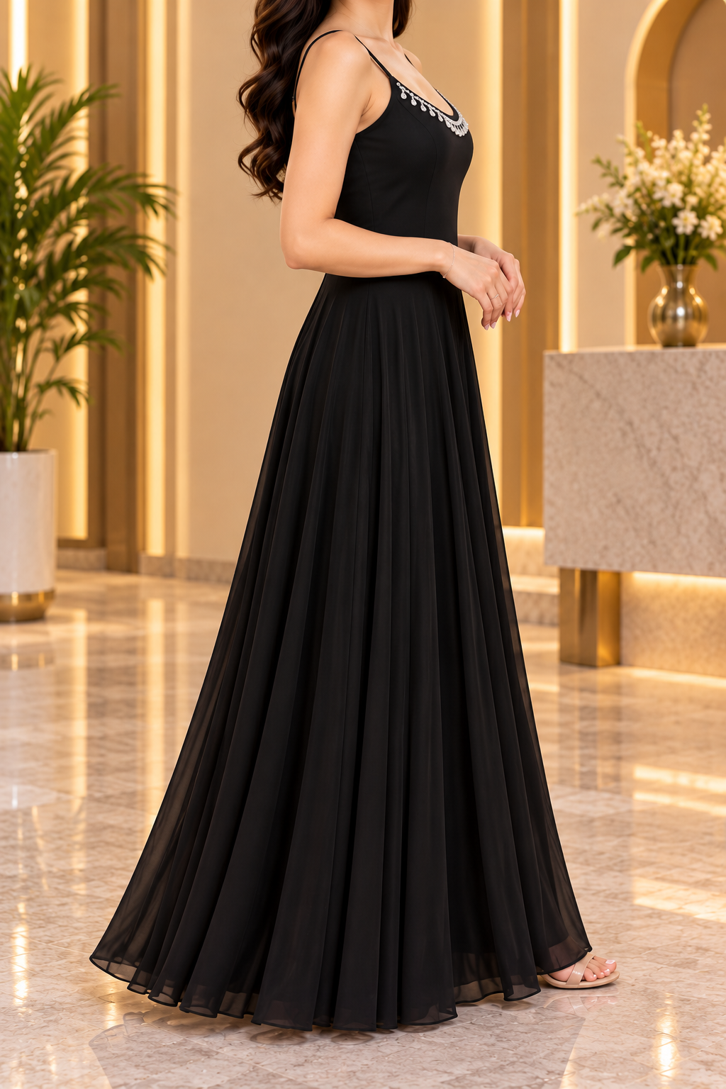 Midnight Elegance Embellished Pleated Gown