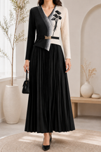 AA 0111 Black & Ivory Pleated Maxi Dress
