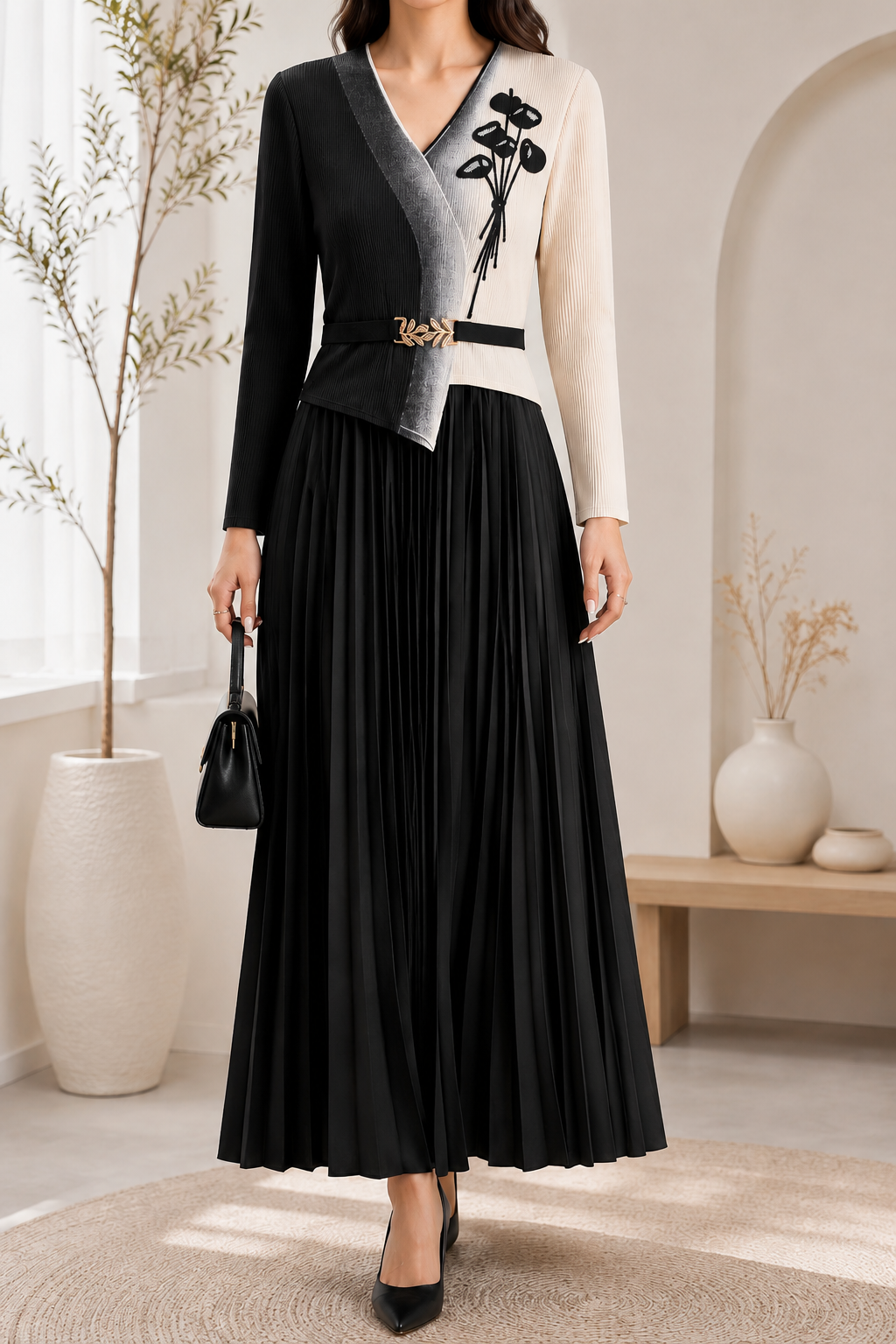AA 0111 Black & Ivory Pleated Maxi Dress