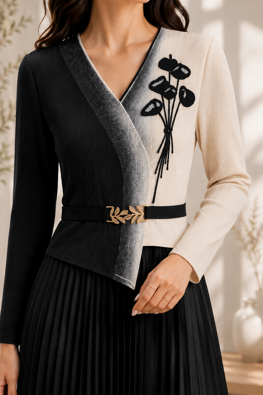 AA 0111 Black & Ivory Pleated Maxi Dress