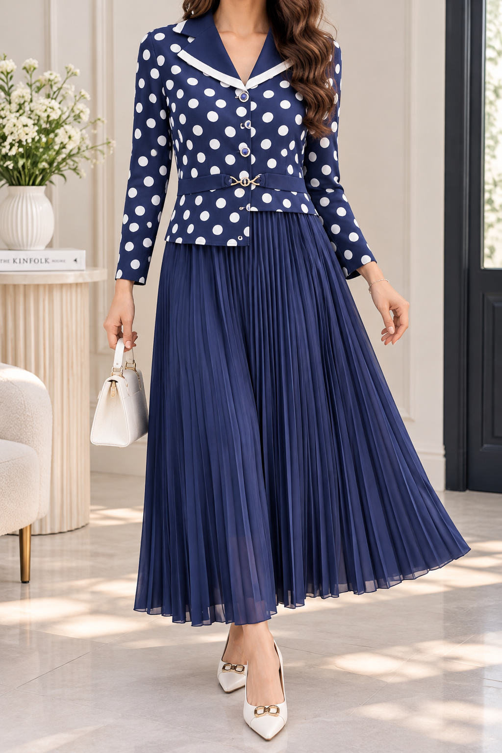 AA 0111 Navy Blue Polka Dot Pleated Maxi Dress