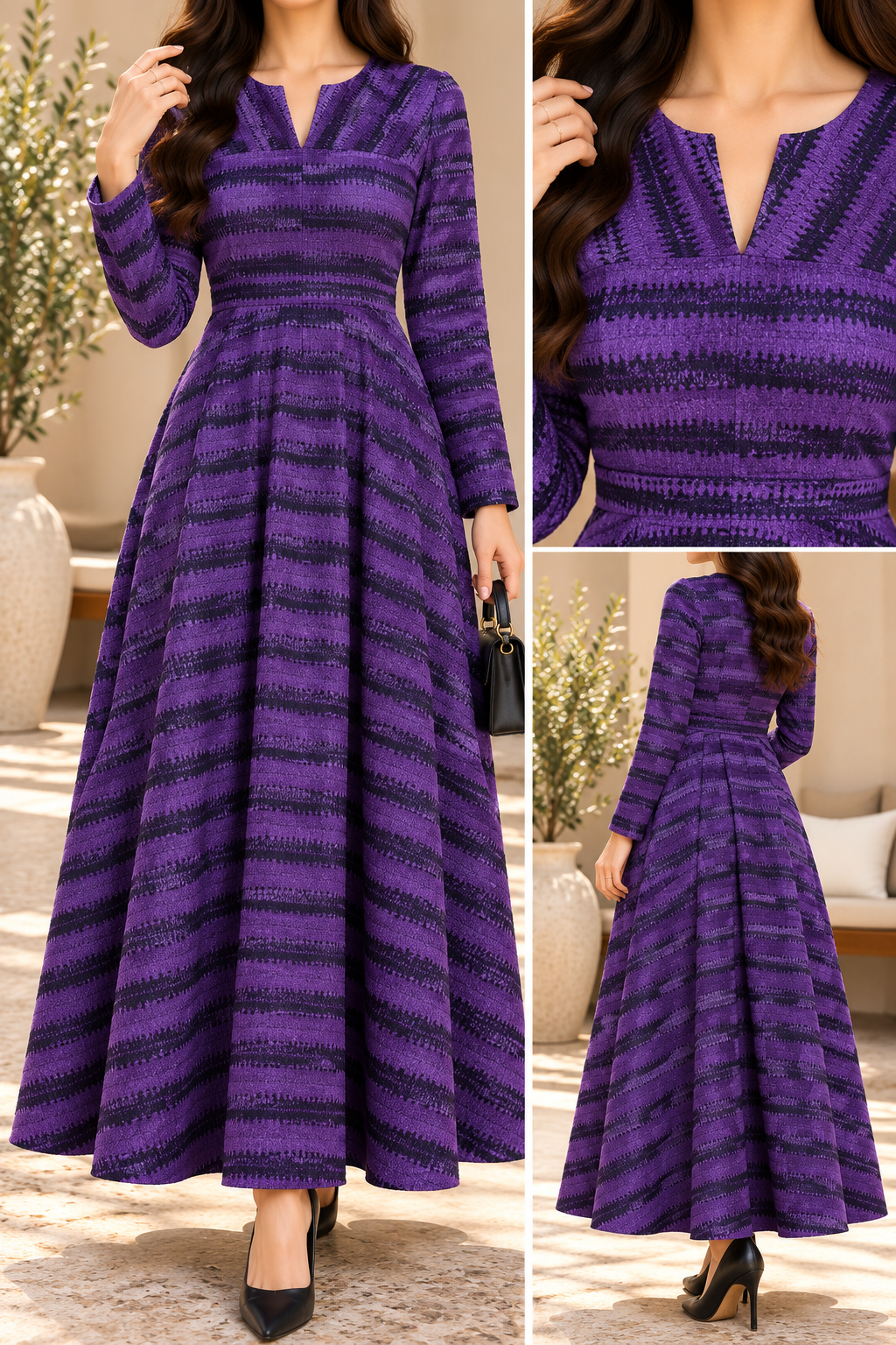 AA 0111 Striped Textured Flared Maxi Dress