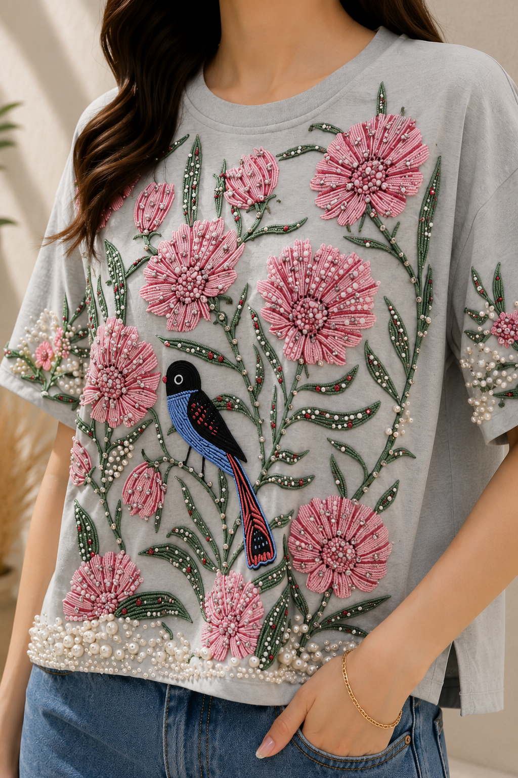 AA 0111F Blossom Pearl Embellished Tee