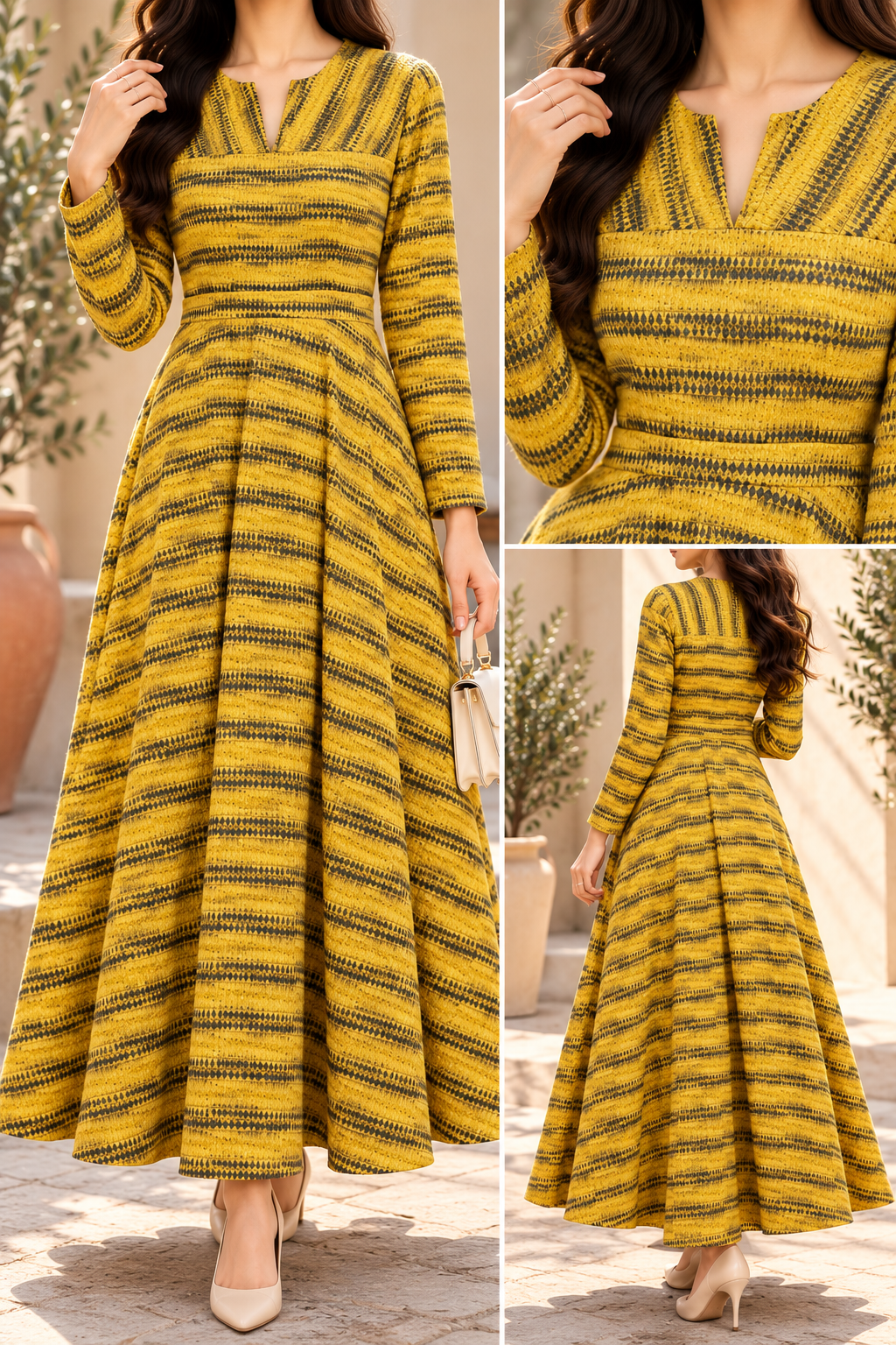 AA 0111 Striped Textured Flared Maxi Dress