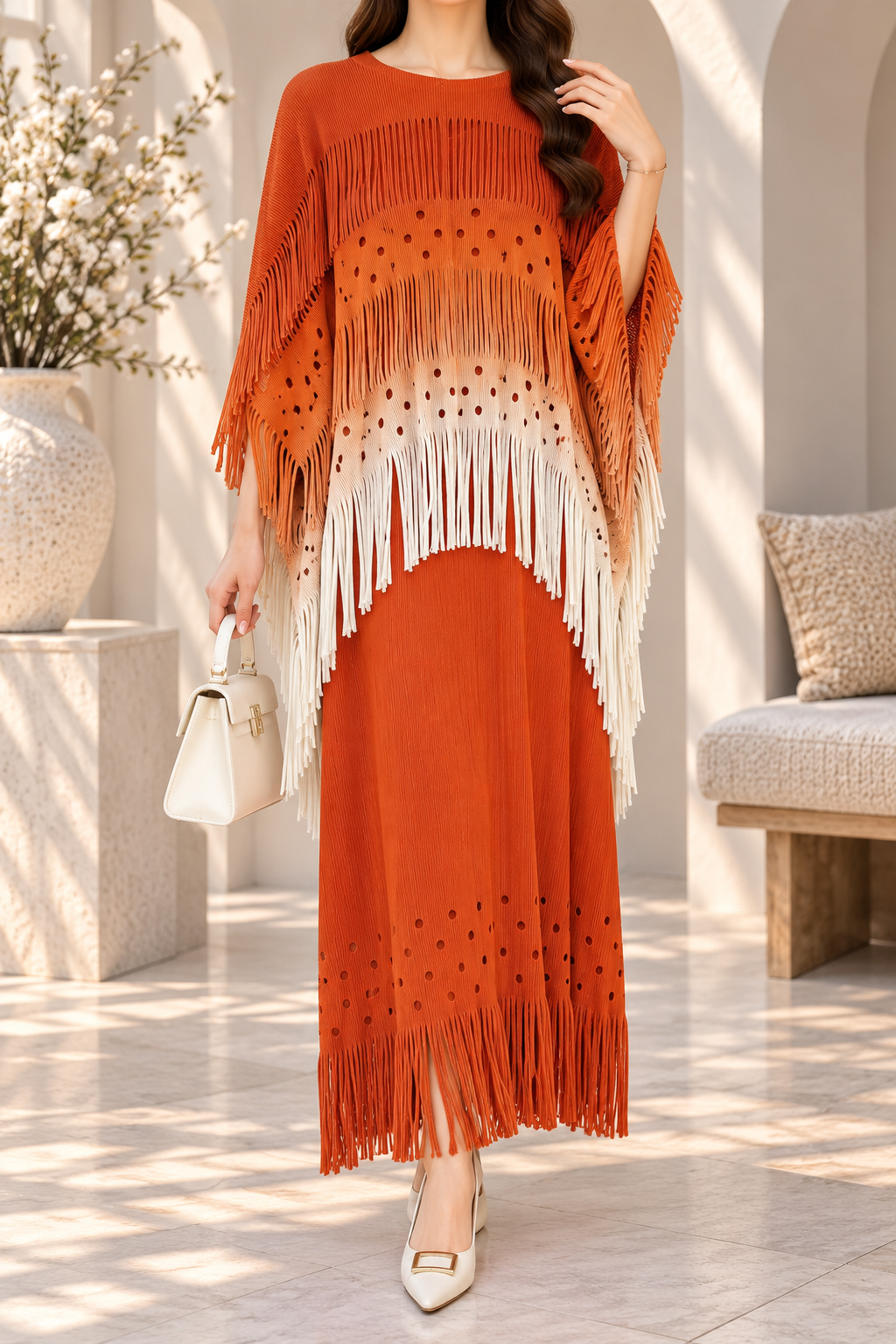 AA 0111 Orange Fringe Maxi Dress with Crochet Shrug