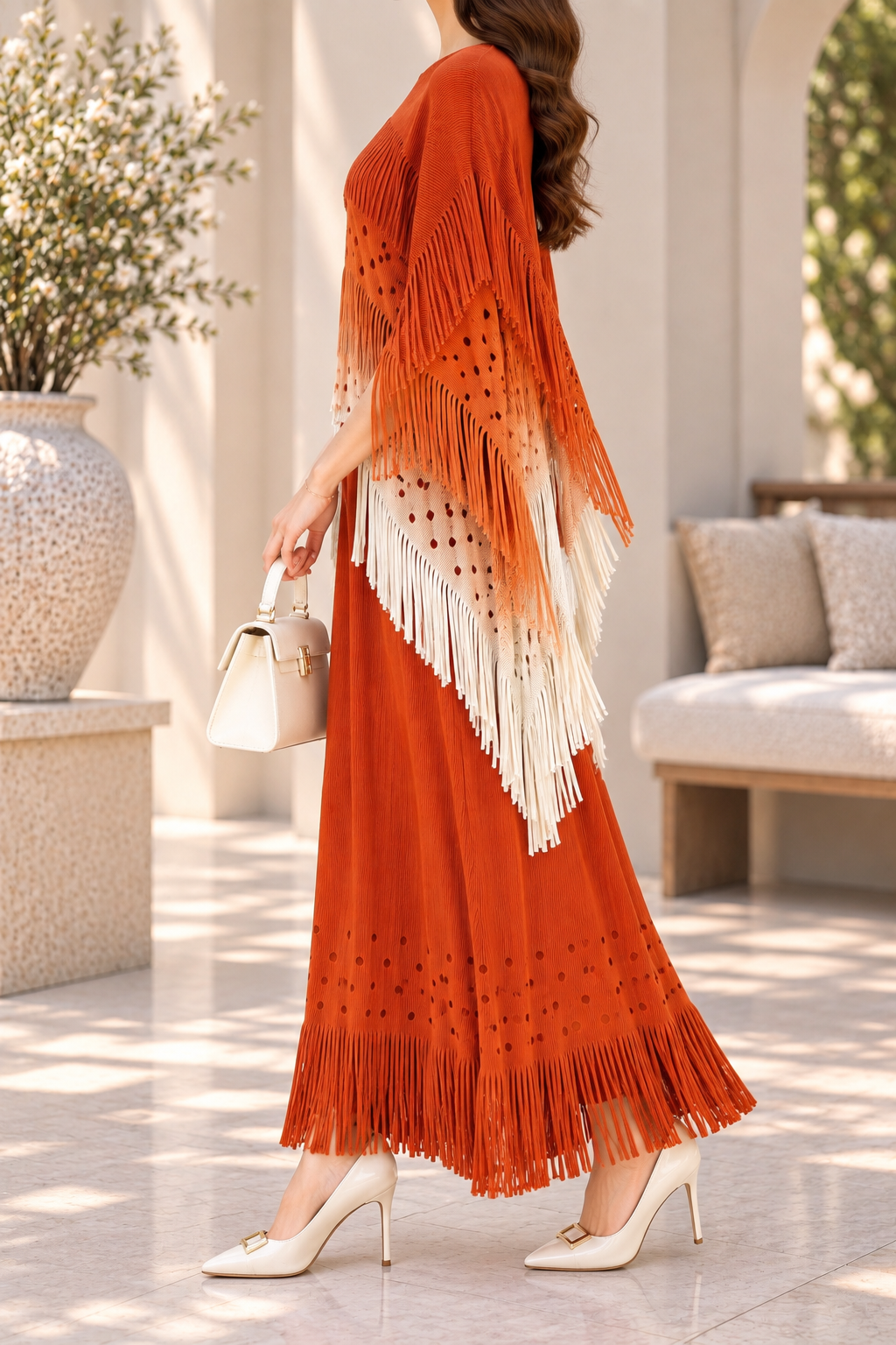AA 0111 Orange Fringe Maxi Dress with Crochet Shrug