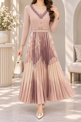 AA 0111 Blush Pink Printed Pleated Maxi Dress