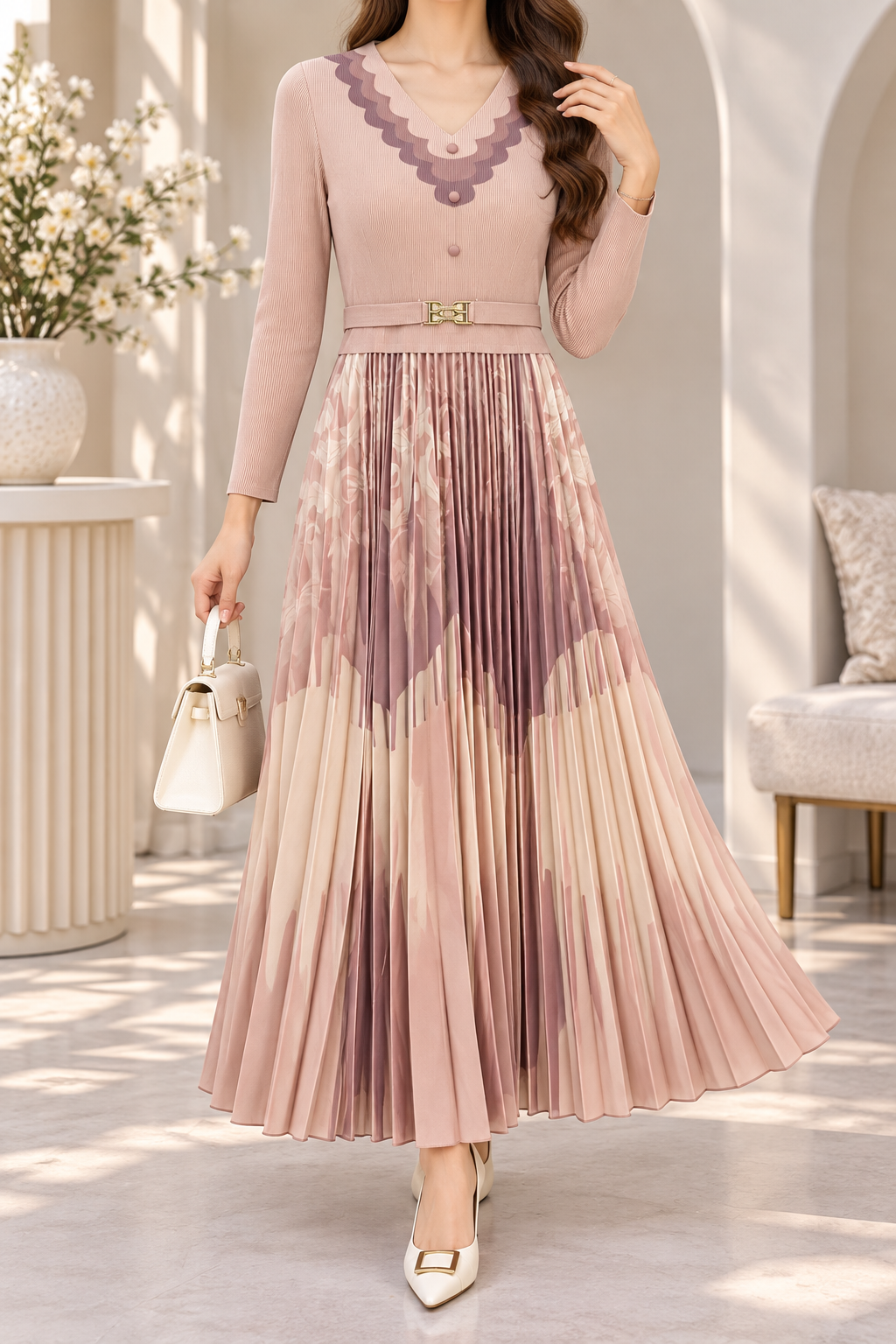 AA 0111 Blush Pink Printed Pleated Maxi Dress