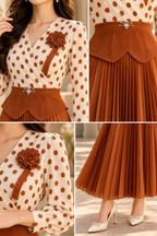 Polka Dot Peplum Pleated Midi Dress