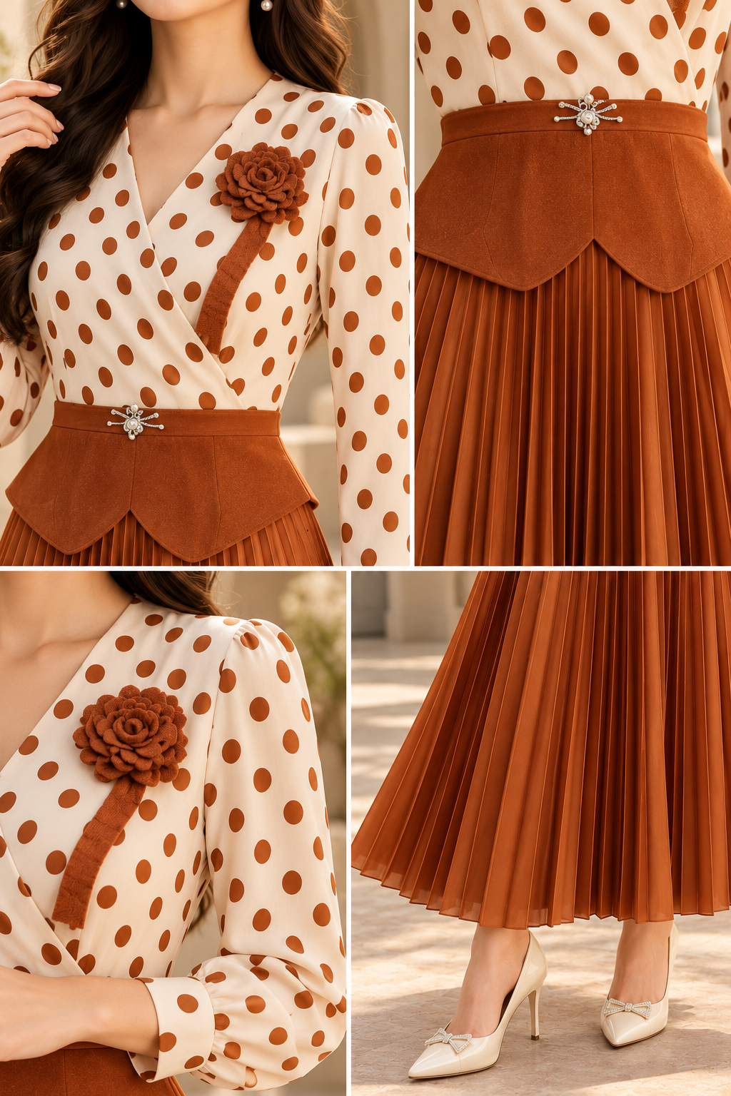 Polka Dot Peplum Pleated Midi Dress