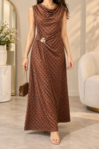 AA 0111 Polka Dot Cowl Neck Draped Maxi Dress