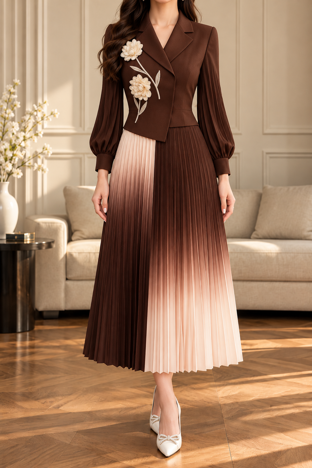 Ombre Floral Blazer Pleated Dress
