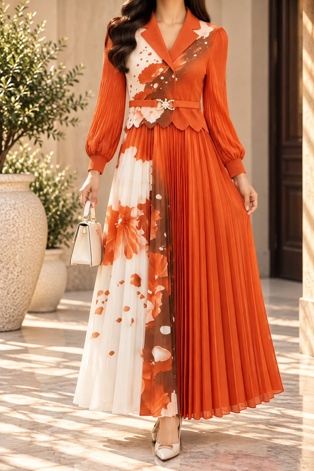 AA 0111 Ivory Floral Pleated Blazer Midi Dress