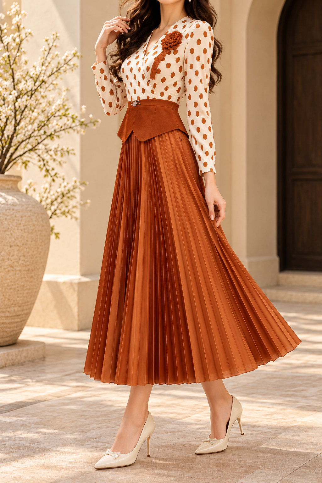 Polka Dot Peplum Pleated Midi Dress