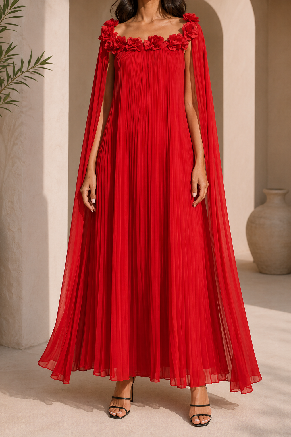AA 0112C Pleated Cape Maxi Dress