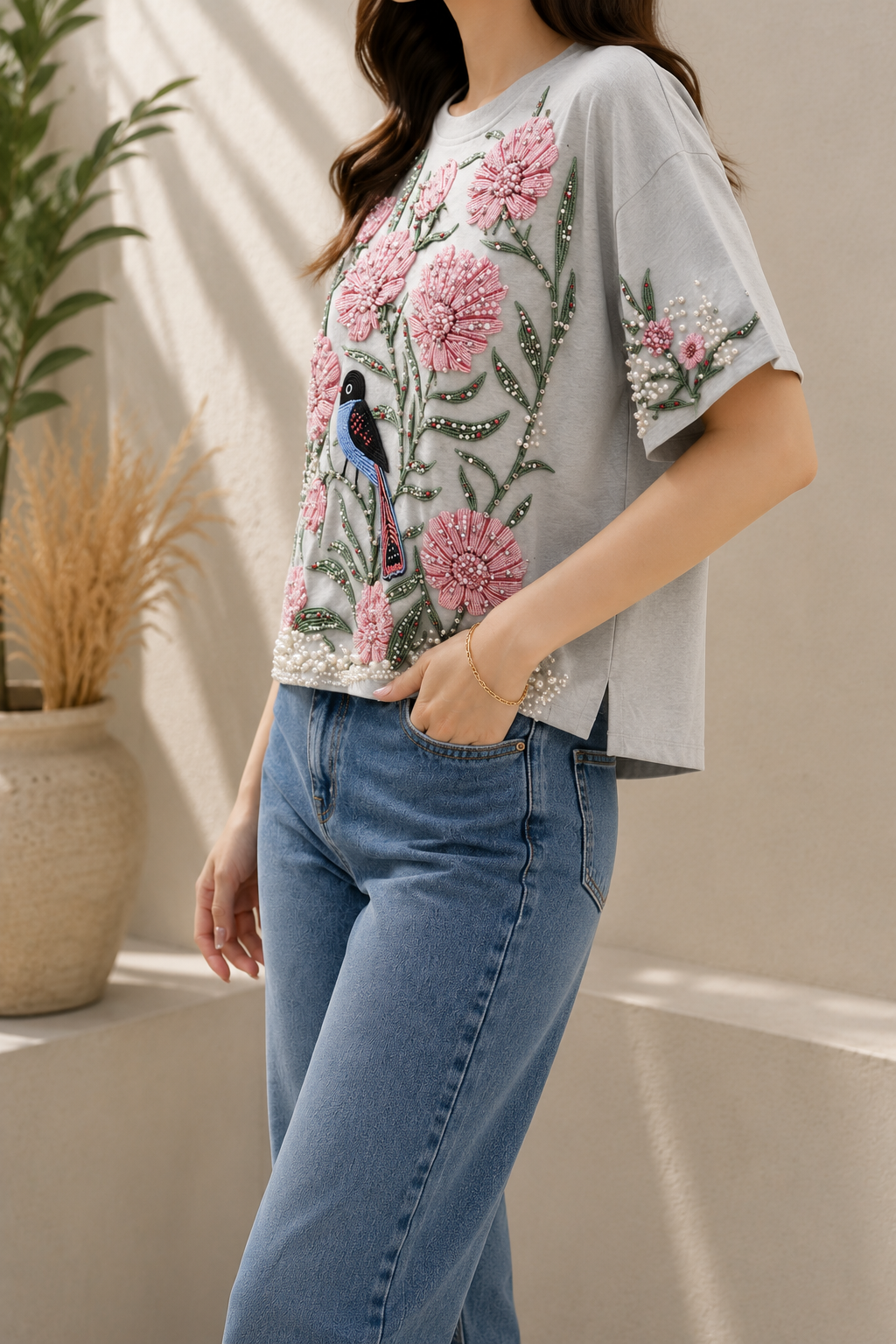 AA 0111F Blossom Pearl Embellished Tee