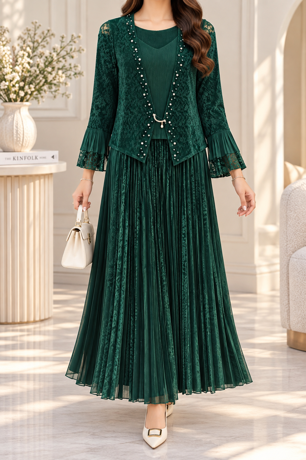 AA 0111 Emerald Green Velvet Pleated Maxi Dress