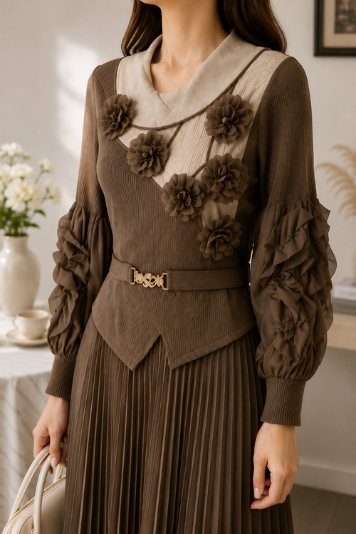 AA 0111  Flower Floral Pleated Dress