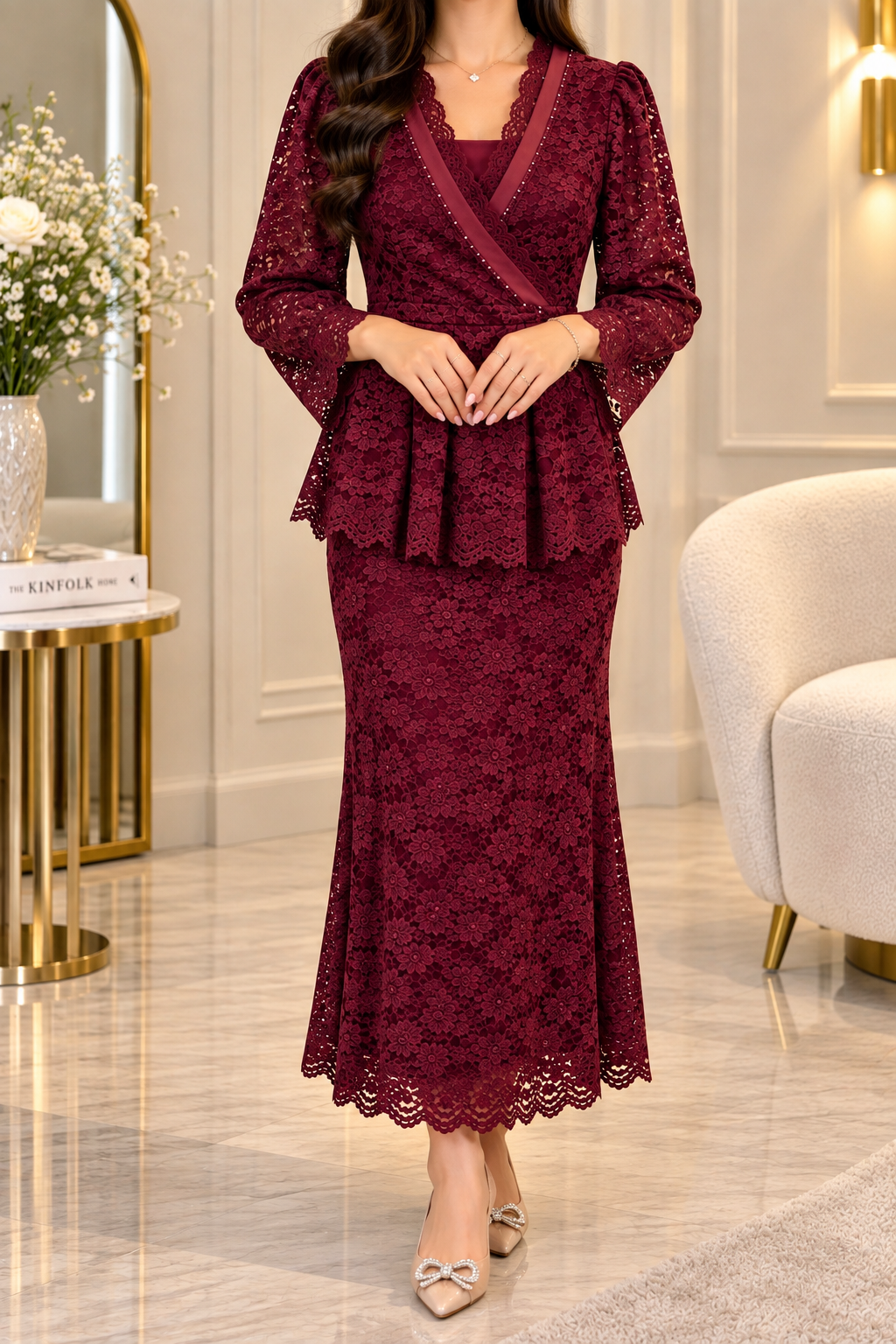 AA 0111 Elegant Lace Wrap Midi Dress