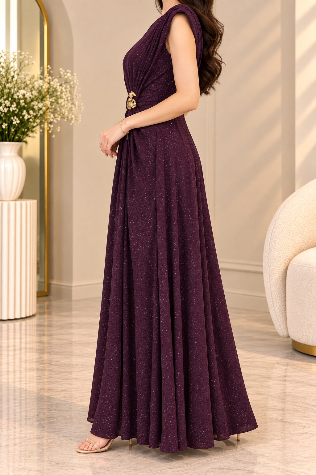 AA 0111 Sparkle Draped Waist Maxi Dress