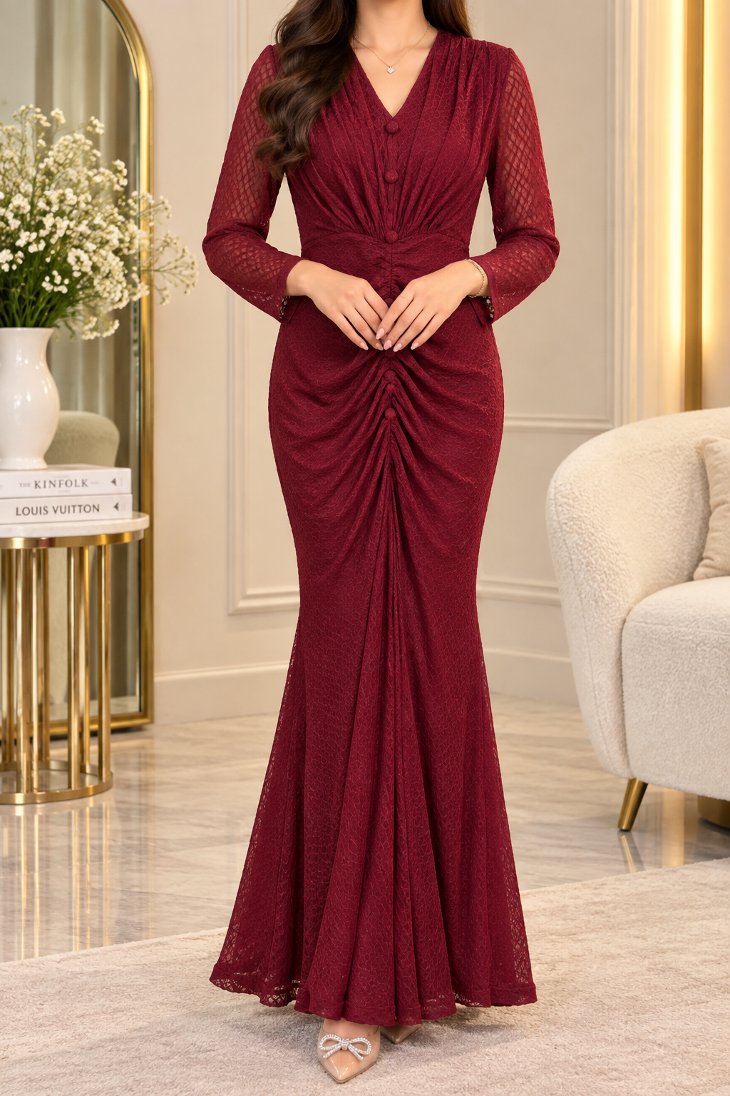 AA 0111 Ruched Lace Mermaid Maxi Dress