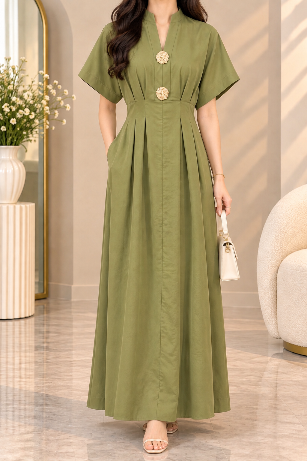 AA 0111 Pleated High-Neck Maxi Dress