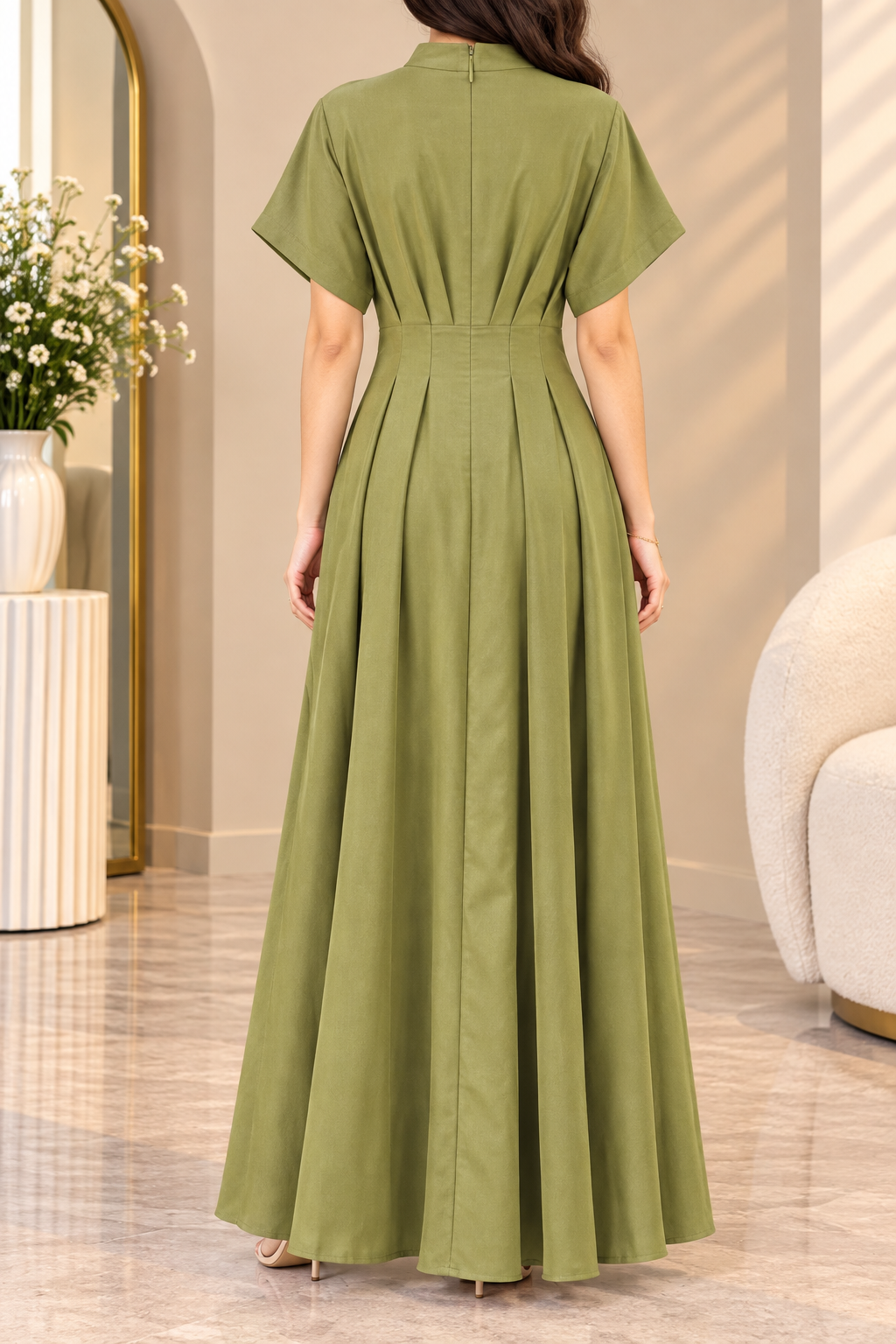 AA 0111 Pleated High-Neck Maxi Dress