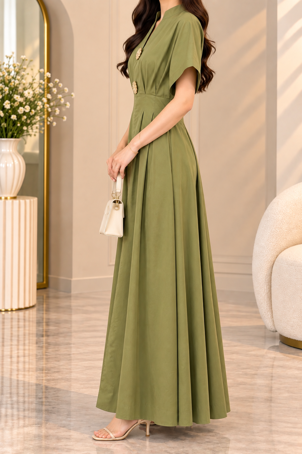 AA 0111 Pleated High-Neck Maxi Dress